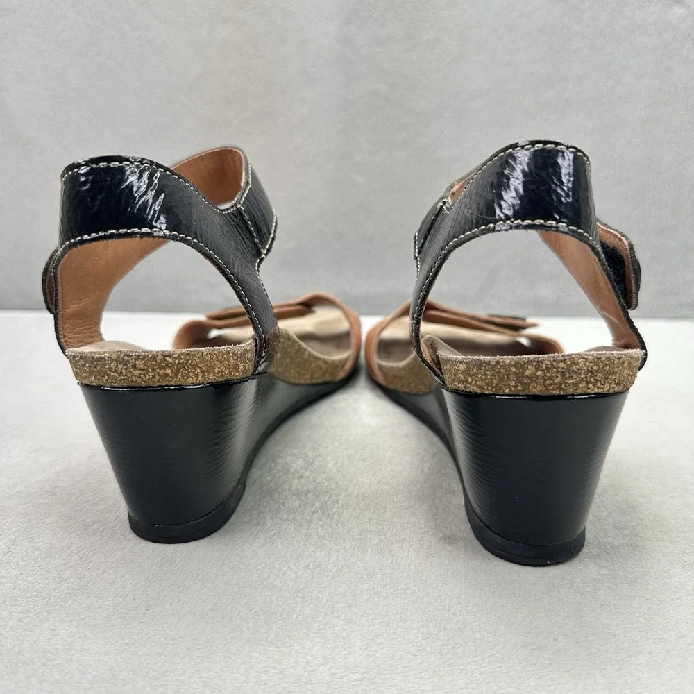 Womens Size 6.5 / 37 TAOS Festival Wedge Sandals Black Patent Leather High Heel